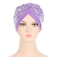 thumbnail image 4 of IROINNID Women's Solid Sequins India Muslim Ruffle Head Scarf Head-wear Wraps Turbans Beanie Cap Head-wraps,Purple, 4 of 5