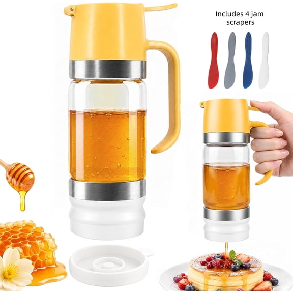 11.8oz Honey Dispenser No Drip,Glass Honey Dispenser with Stand,Borosilicate Honey Dispenser Glass,Precision Syrup Dispenser with Ergonomic Handle,Yellow Glass Honey Jar for Honey Maple Syrup Kitchen