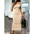 thumbnail image 3 of Womens Beige Off Shoulder Fitted Ruched Short Sleeve Maxi Dress, 3 of 5