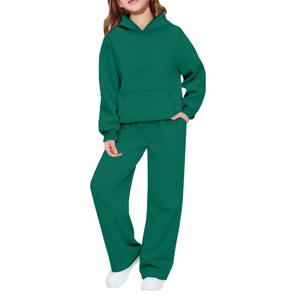 GiLiling Girls Boys Sweatsuit 2 Piece Sets Hoodie and Wide Leg Sweatpants Set with Pockets Fall Winter Clothes (Blackish Green, 9-10 Years)