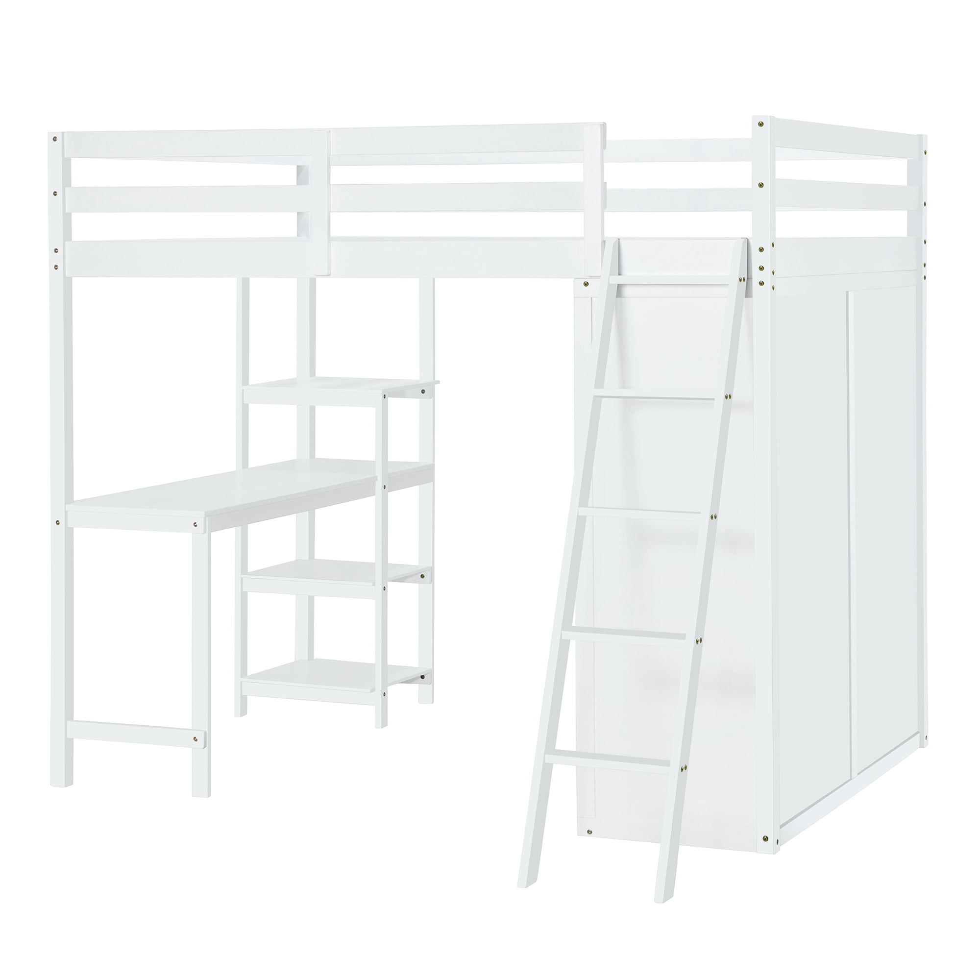 Aukfa Loft Bed with Wardrobe, Wood Full Size Loft Bed with Desk and Shelves for Kids Adults - White