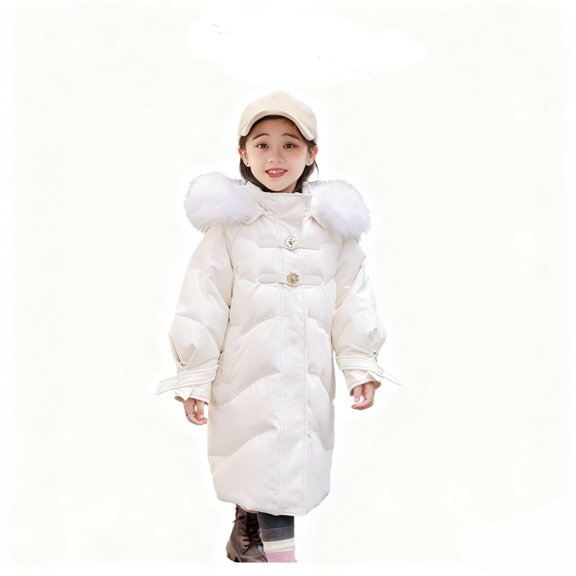 EnJoCho Girls Long Hooded Puffer Coat, Soli𝖽 Zip Up Windproof Quilted Outerwear, Heavyweight Warm Padded Jacket, Stylish Kids Winter Parka for Casual Outings and Holiday Outdoor Play