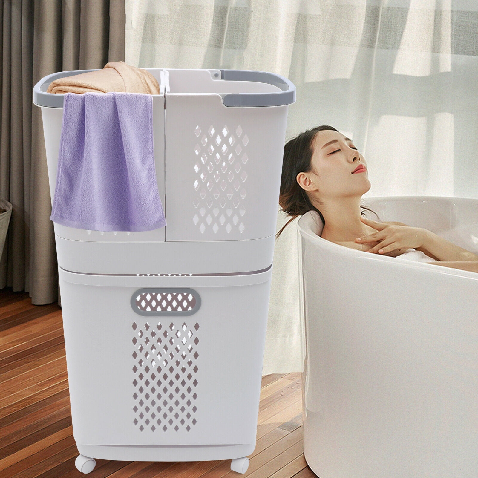 Household 3-layer Clothes Basket with Universal Wheel Free Stand Laundry Basket Set for Bathroom Clothes Storage (White)