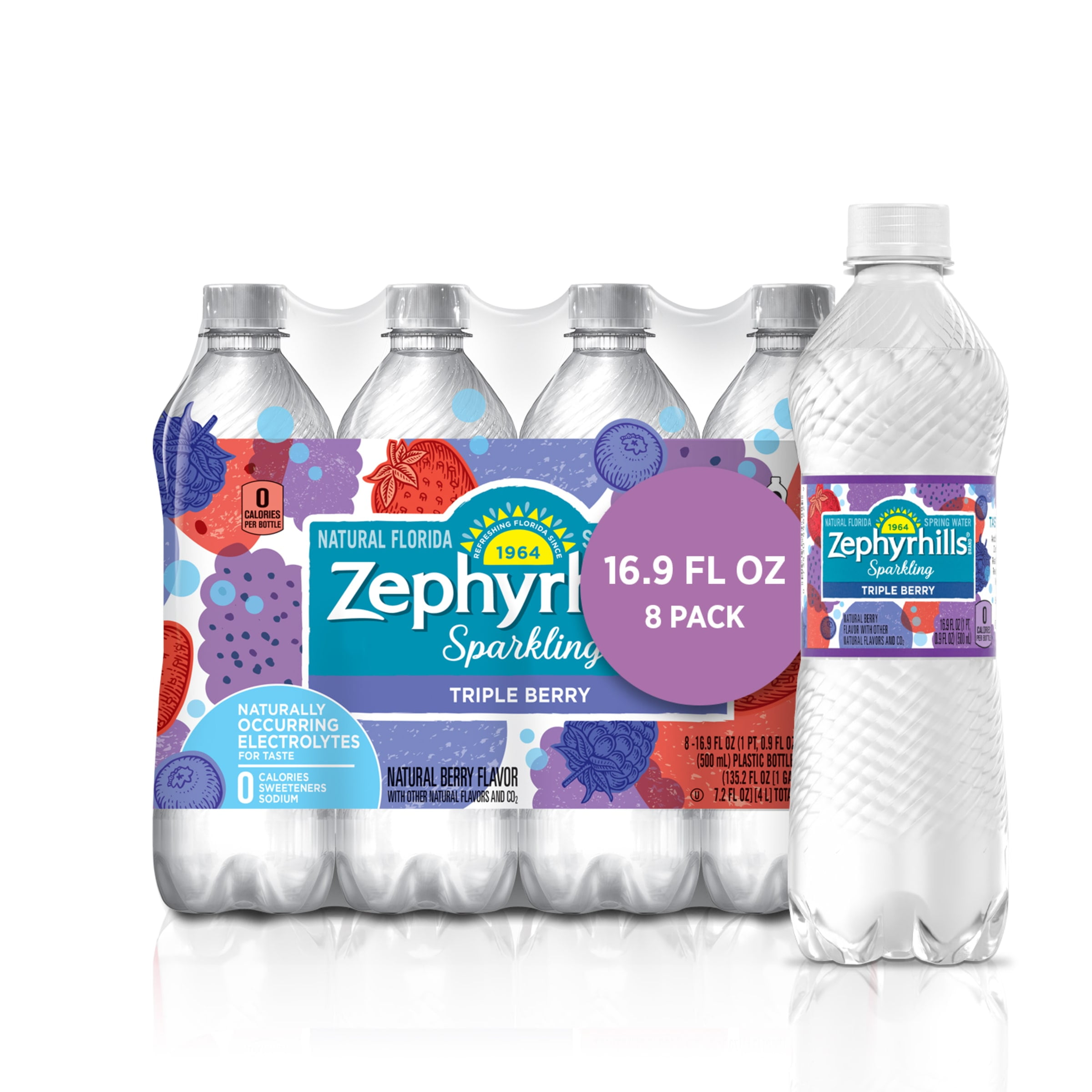 Zephyrhills Sparkling Water, Triple Berry, 16.9 oz. Bottles (8 Count