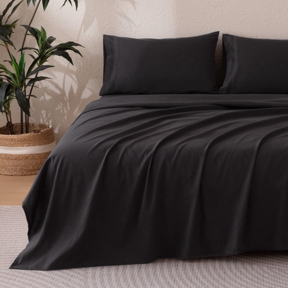 Sonive Minimalist Embroidered Sheet Set Queen, 4 Pieces Breathable Soft Hotel Collection, Black