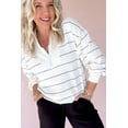thumbnail image 3 of Women's White Zip V Neck Casual Stripe Print Drop Shoulder Long Sleeve Top - [ZhiHiMeRi] | L, 3 of 12
