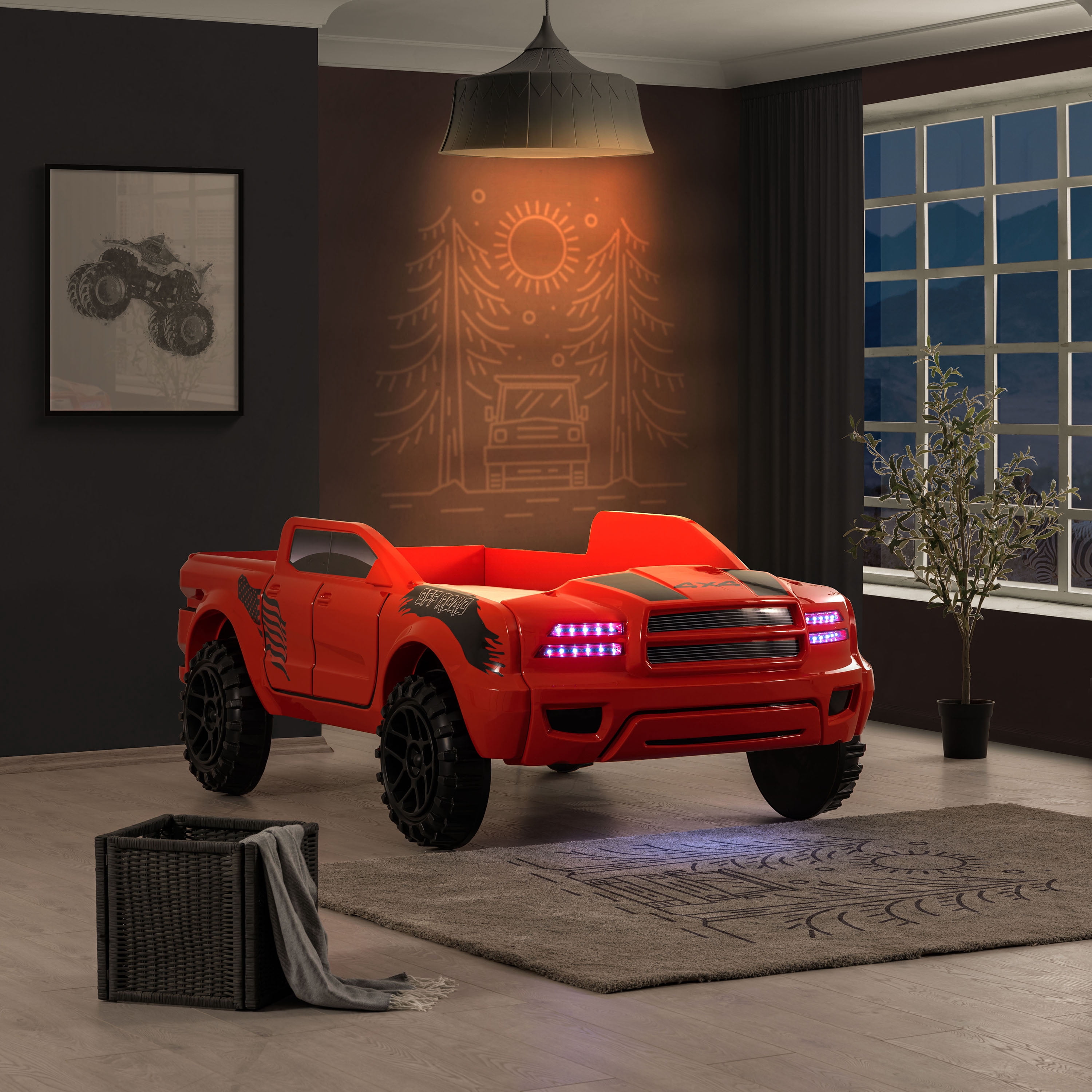 Furniture of America Rugged Kids Plastic Twin Pick-up Truck Bed with LED and Sound, Red