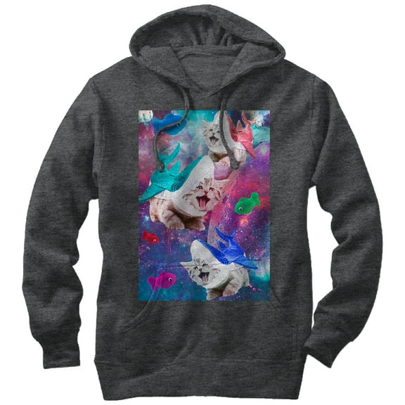 Men's Lost Gods Shark Kitten Space Attack Pull Over Hoodie Charcoal Heather Large