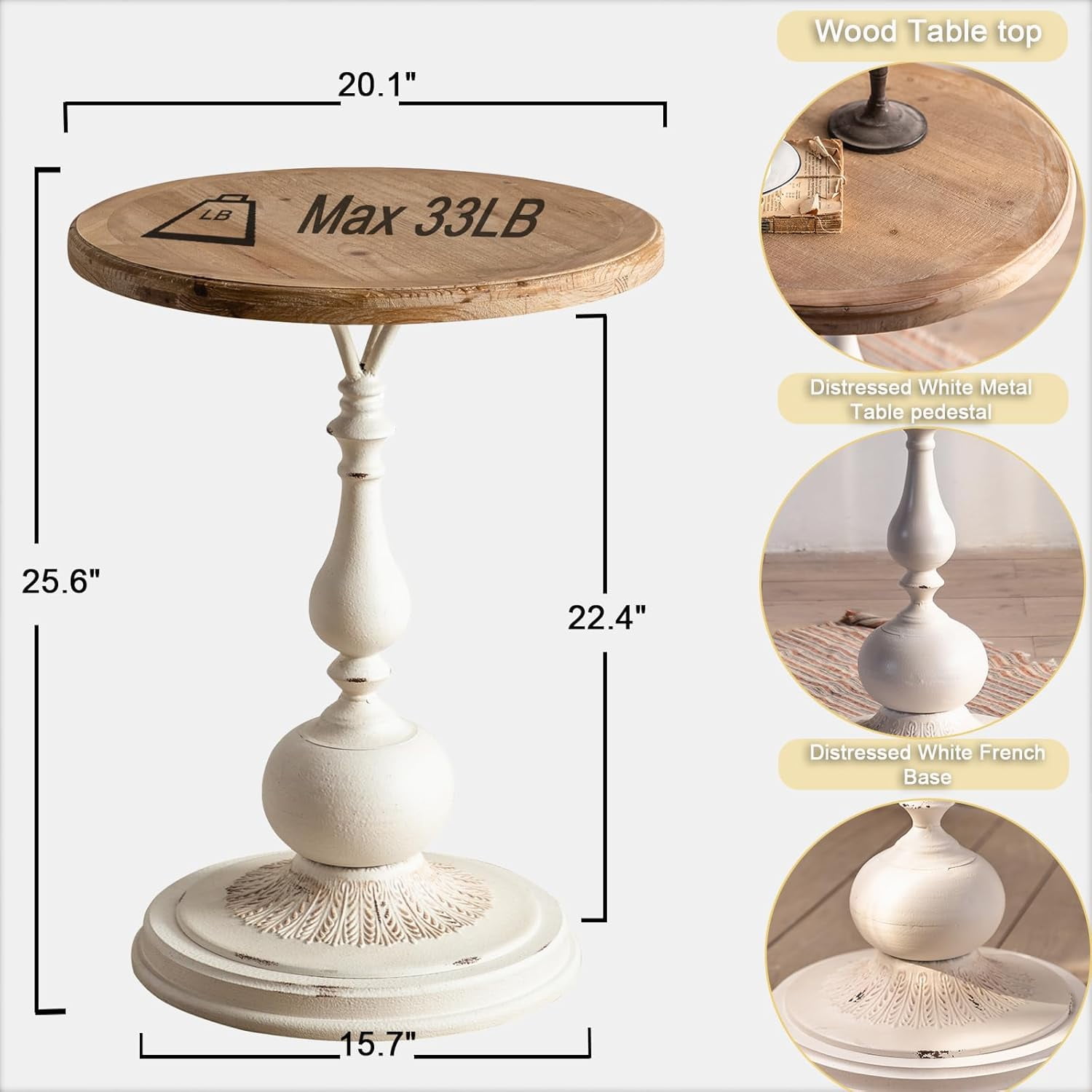 YUIlili Vintage Round Side Table Living Room, Rustic French Country End Table, Farmhouse Round Table Cedar Wood Accent Table for Bedroom, Entryway, Home Decor White