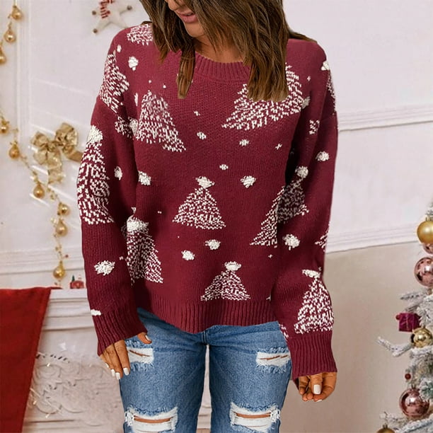 Suéter de cuello redondo de moda para mujer, suéter navideño de manga larga, suéter informal de cuello redondo, suéter para mujer