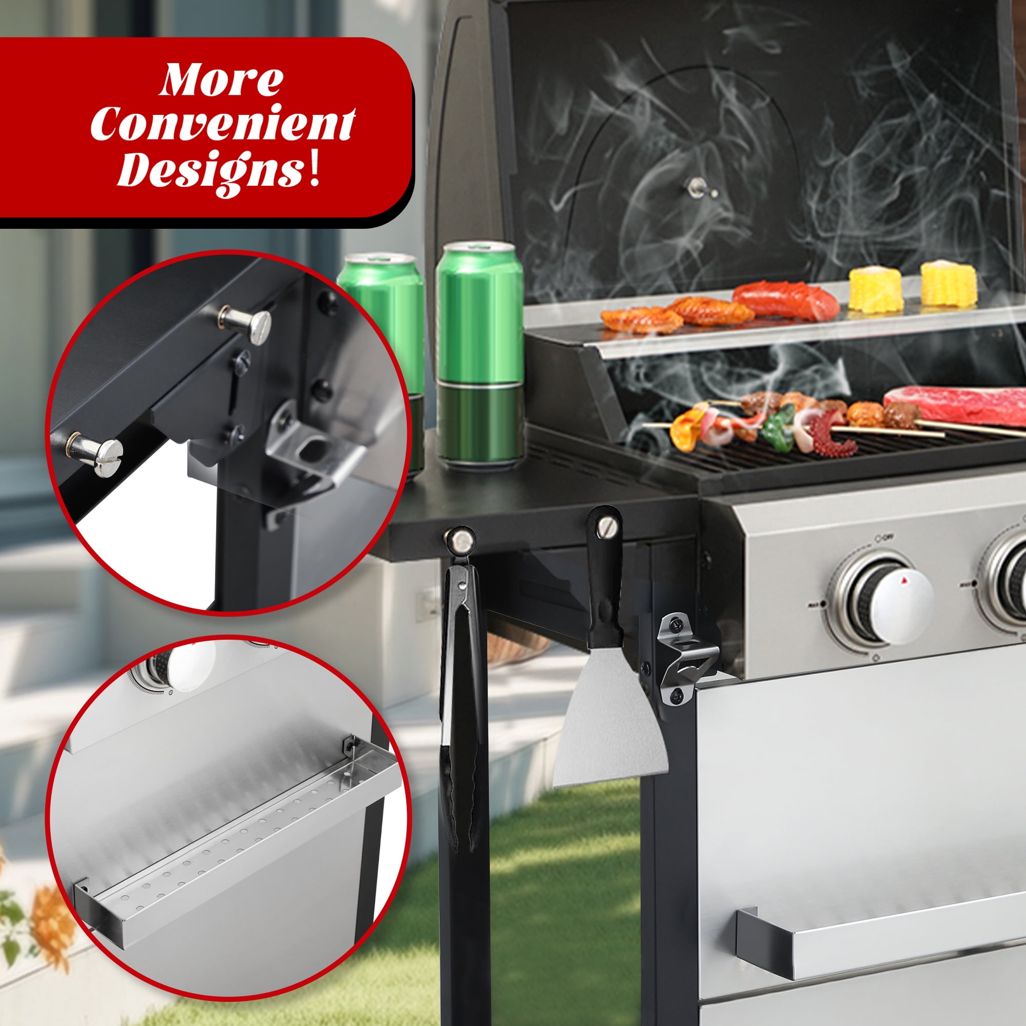 3-Burner Propane Gas Grill With Wheels for 25,650 BTU Outdoor Barbecue BBQ Grill, Stainless Steel Control Panel, Easy Ignition, Temperature Gauge, 2-Enameled Cooking Grids
