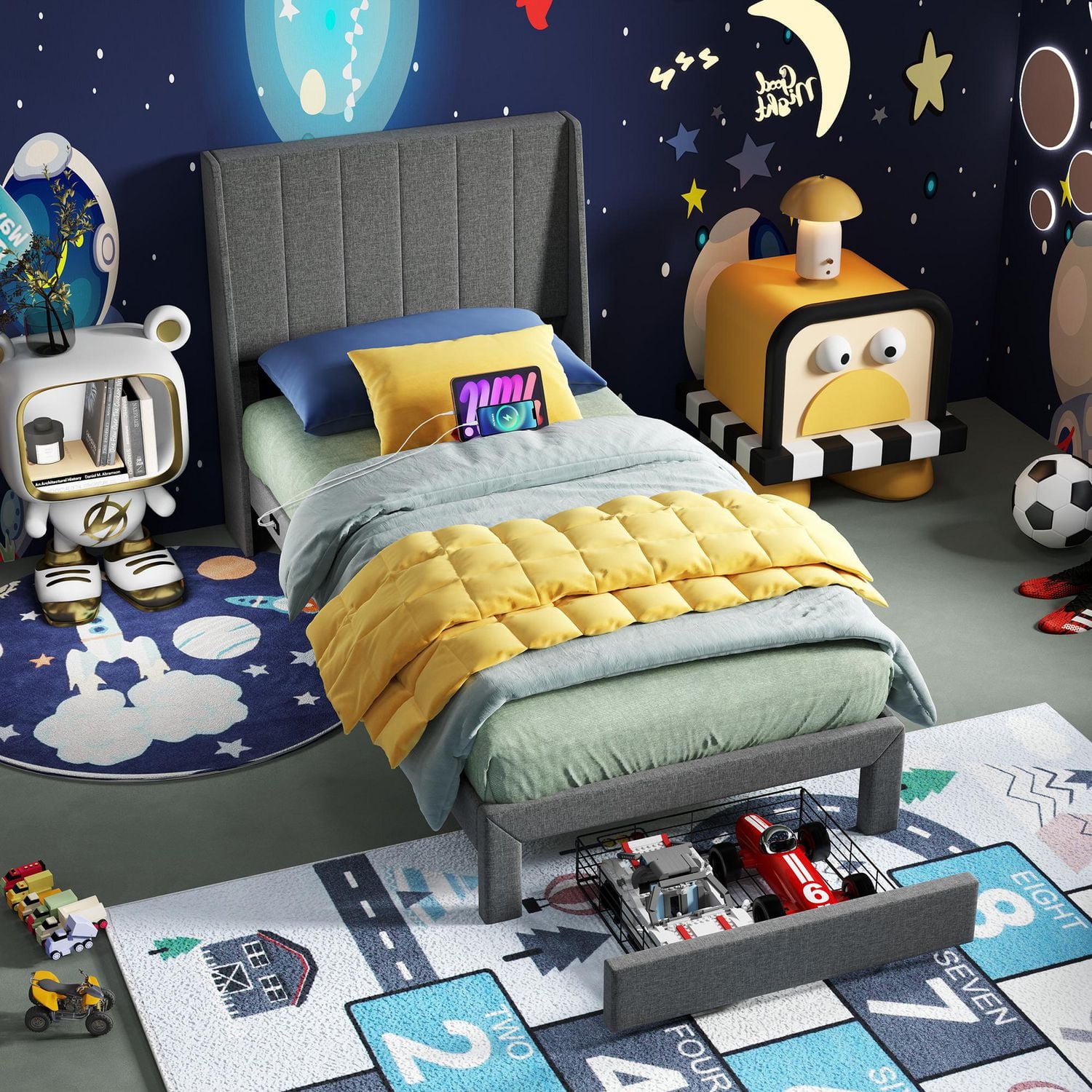 Ensemble de lit pour enfant Homy Casa avec tête de lit rembourrée, support à lattes en bois, ports de chargement USB et tiroirs de rangement.