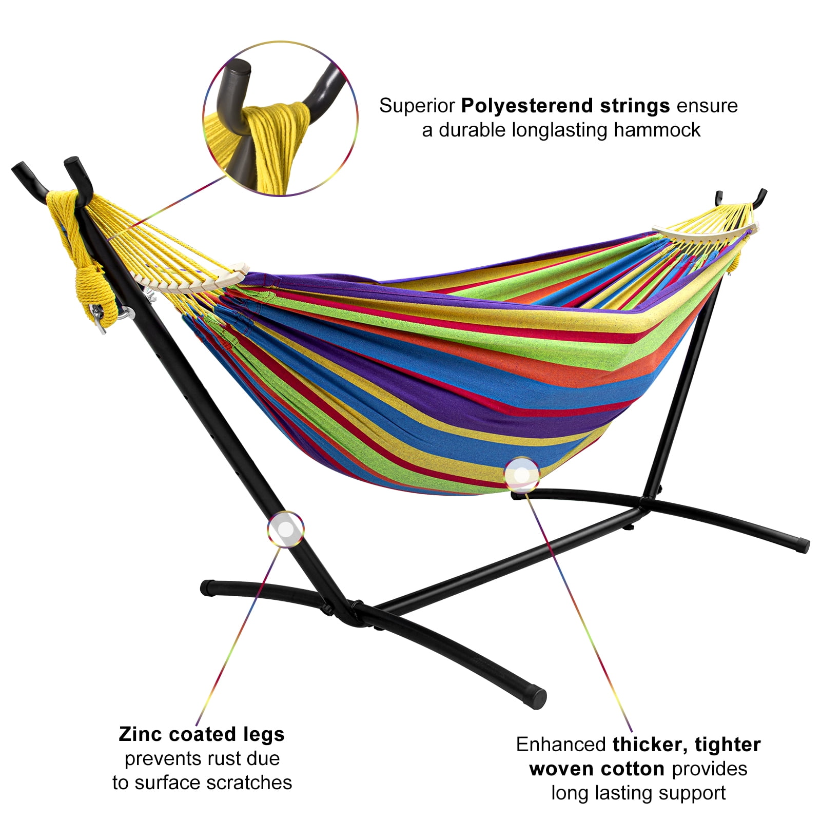 SZHLUX Double Hammock with Stand Included 450lb Capacity Steel Stand, Premium Carry Bag Included and Two Anti Roll Balance Beam,Rainbow