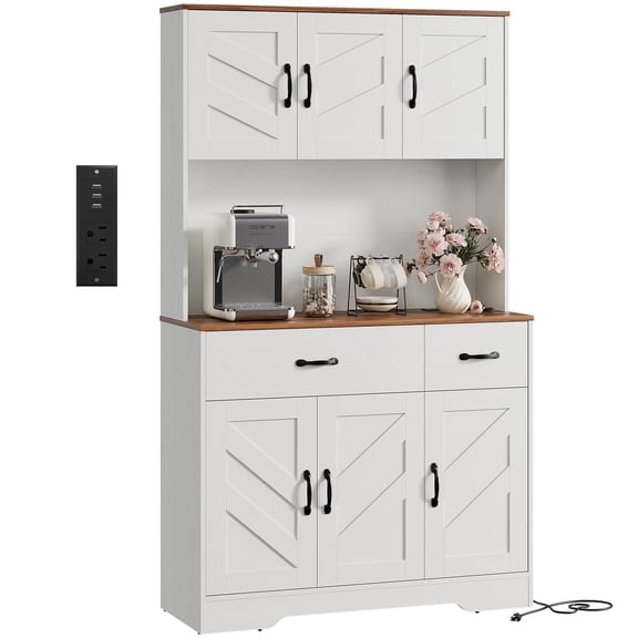 White 71" Kitchen Pantry Storage Cabinet with Charging Station, Farmhouse Kitchen Hutch Cabinet with 2 Storage Drawers, Large Food Pantry with Microwave Stand for Dining Room,Living Room