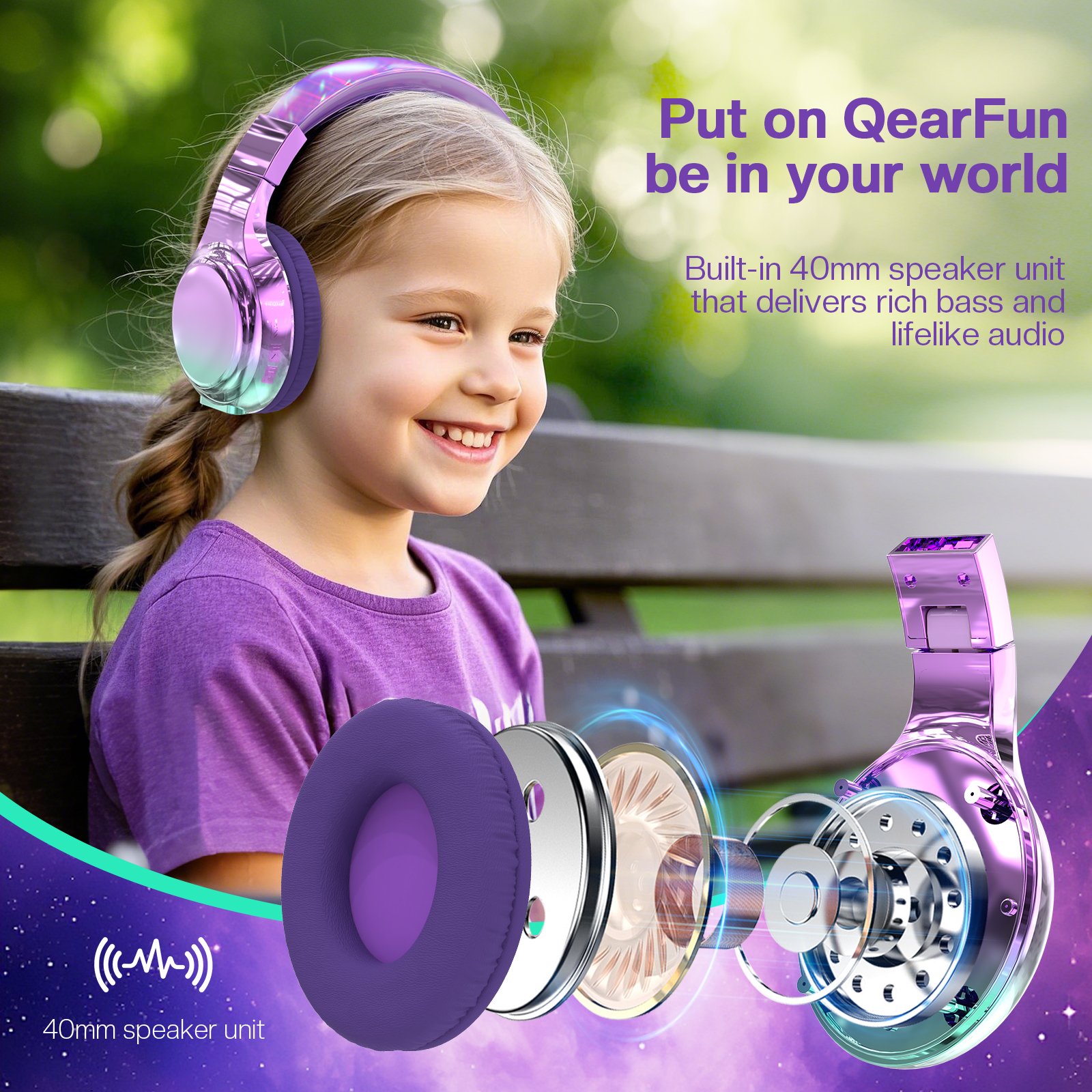 Qearfun Bluetooth Kids Headphones, Purple photo 4