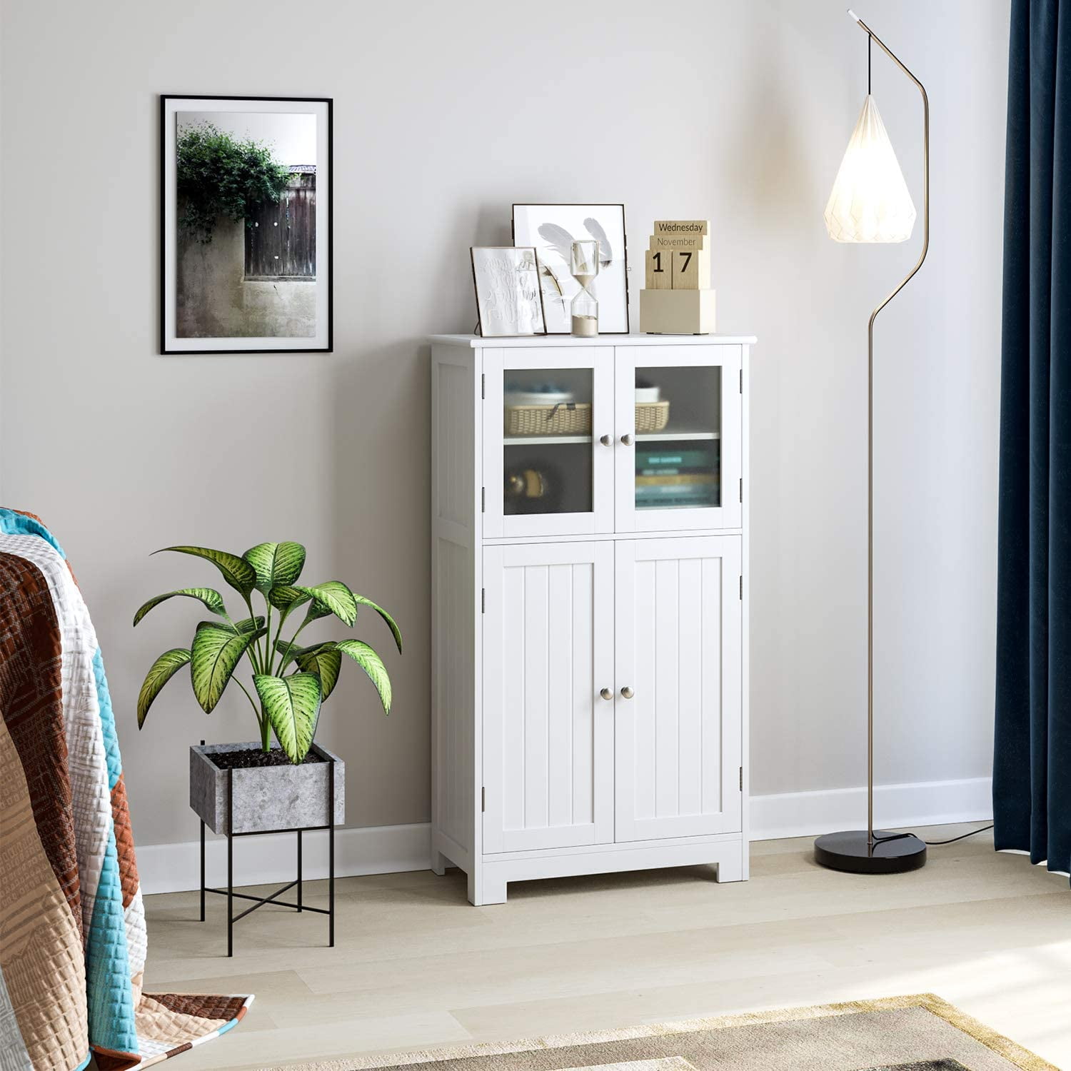 Homfa Bathroom Storage Cabinet Floor White Wooden Linen Cabinet