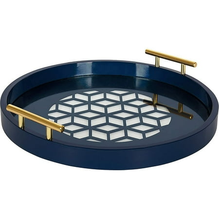 

Caspen Round Cut Out Pattern Decorative Tray With Gold Metal Handles 15.5 Navy And Gold