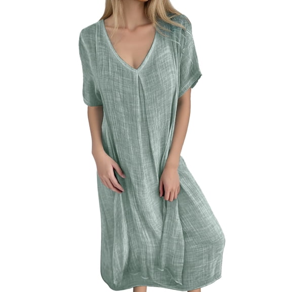 OSOLU Solid Color Women Casual Loose Fitting Long V-Neck Dress Comfort Sundress Dresses For Women 2025 Elegant Classy