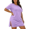 thumbnail image 3 of IFNWSV Robes Grande Taille, Robe Grande Taille Unie Ample à Manches Courtes et Col Rond Style Décontracté Confortable pour Toutes les Saisons, Robes d'Été pour Femmes Violet 2TG, 3 of 8