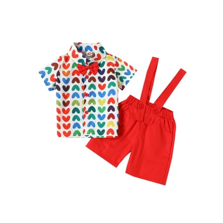 

AmShibel Baby Boys Gentleman Outfits Suits Short Sleeve Heart Print Shirt + Suspender Shorts Valentine s Day Clothes Set