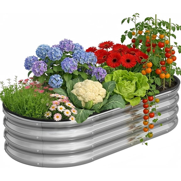 KEGKUO 1 Pack Galvanized Raised Garden Bed Metal Oval Raised Garden Beds Outdoor Planter Box for Vegetables (4x2x1FT, Silver)
