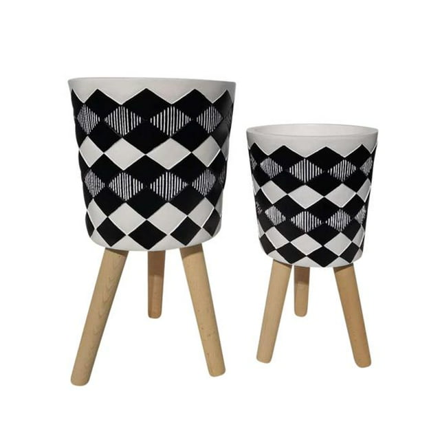 Sagebrook Home 15020-07 S/2 10/12" DIAMOND PLANTER W/ WOOD LEGS, BLACK