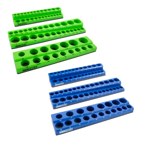 OEMTools Metric & SAE Magnetic Socket Organizer, 6 Pack Set, Blue & Green