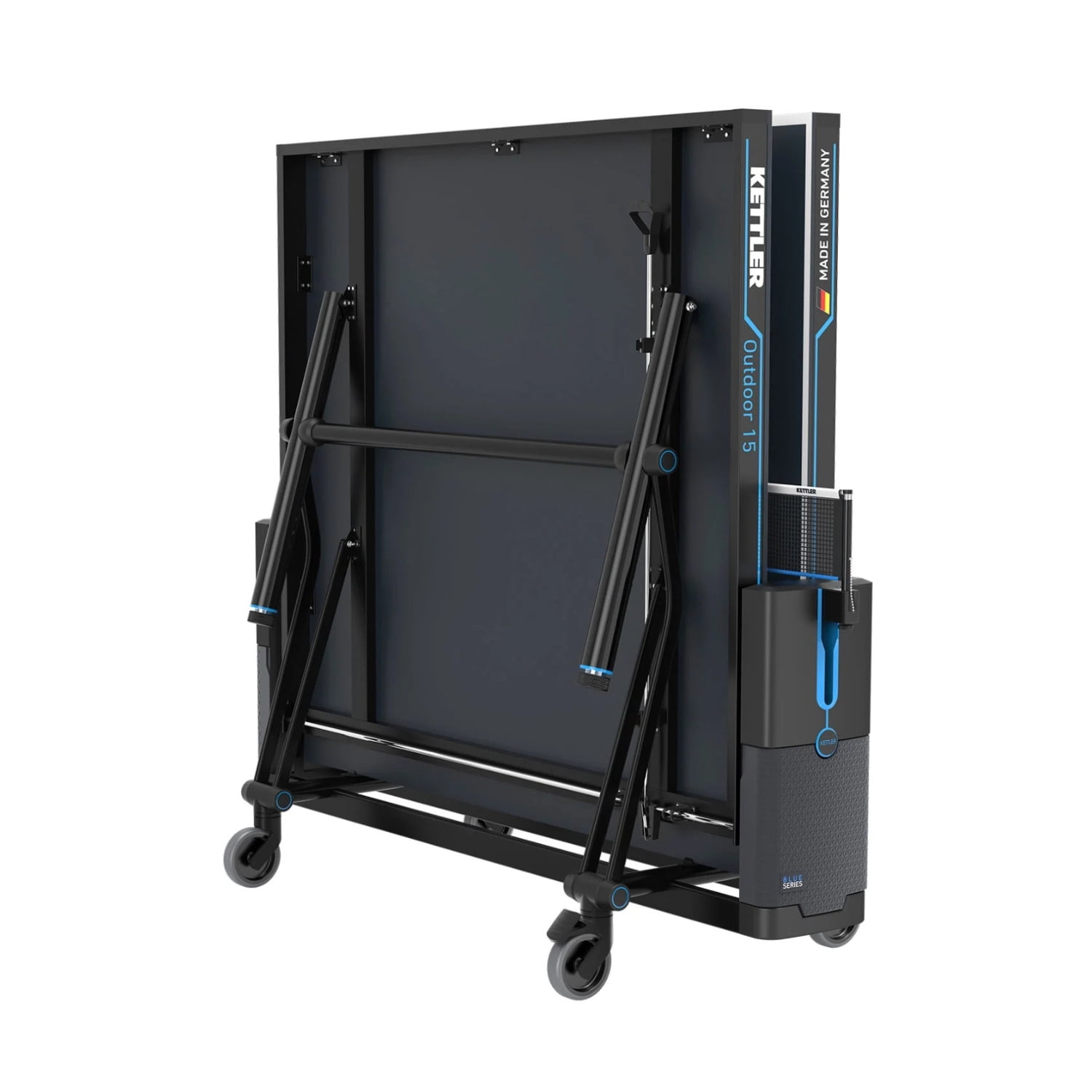 KETTLER Outdoor 15 Folding Table Tennis Table with Permanent Net System, Enclosed Racket Storage Compartment and 4-Player Accessories Bundle