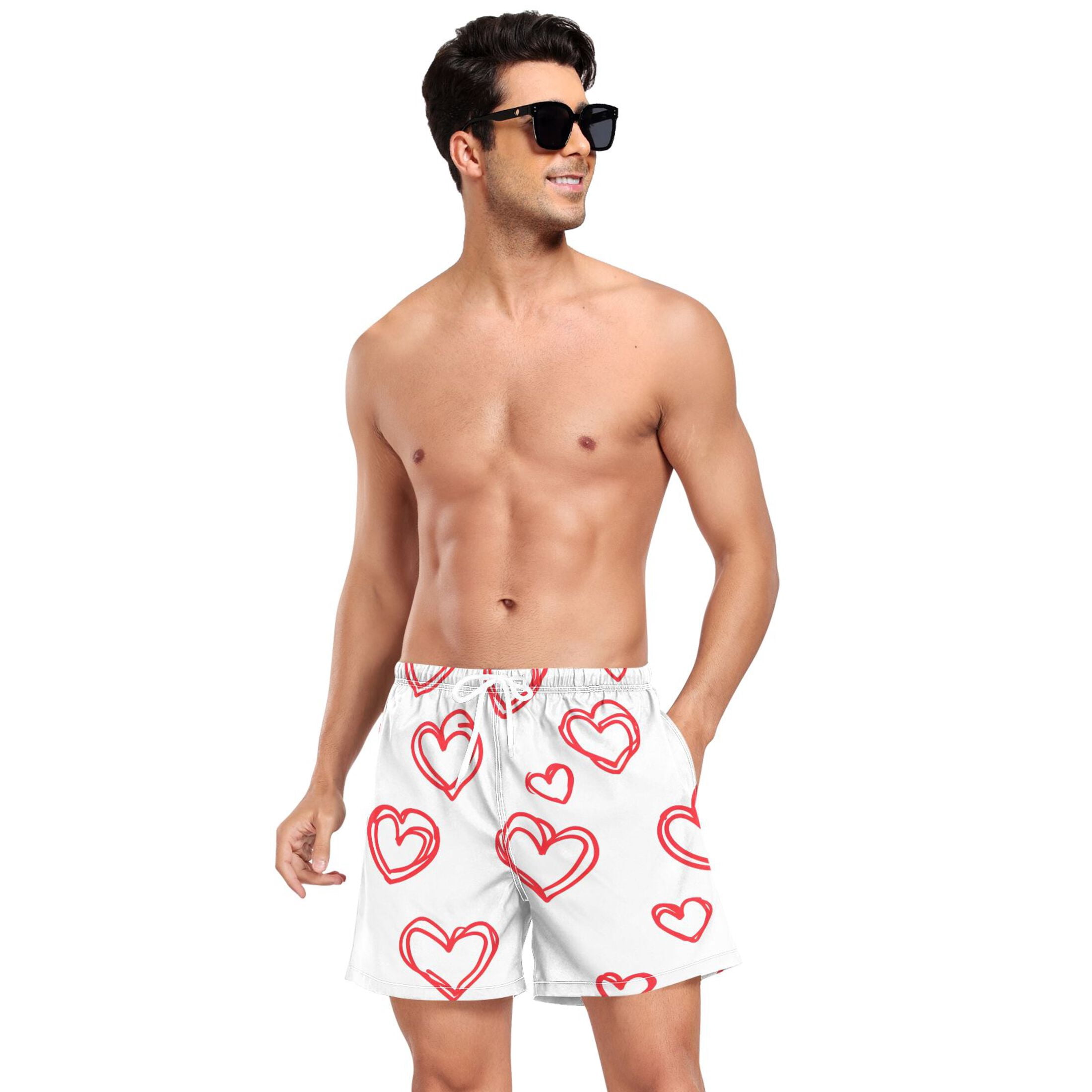 joogoo Men's Hearts Love Swim Trunks with Liner Pocket Beach Shorts Large