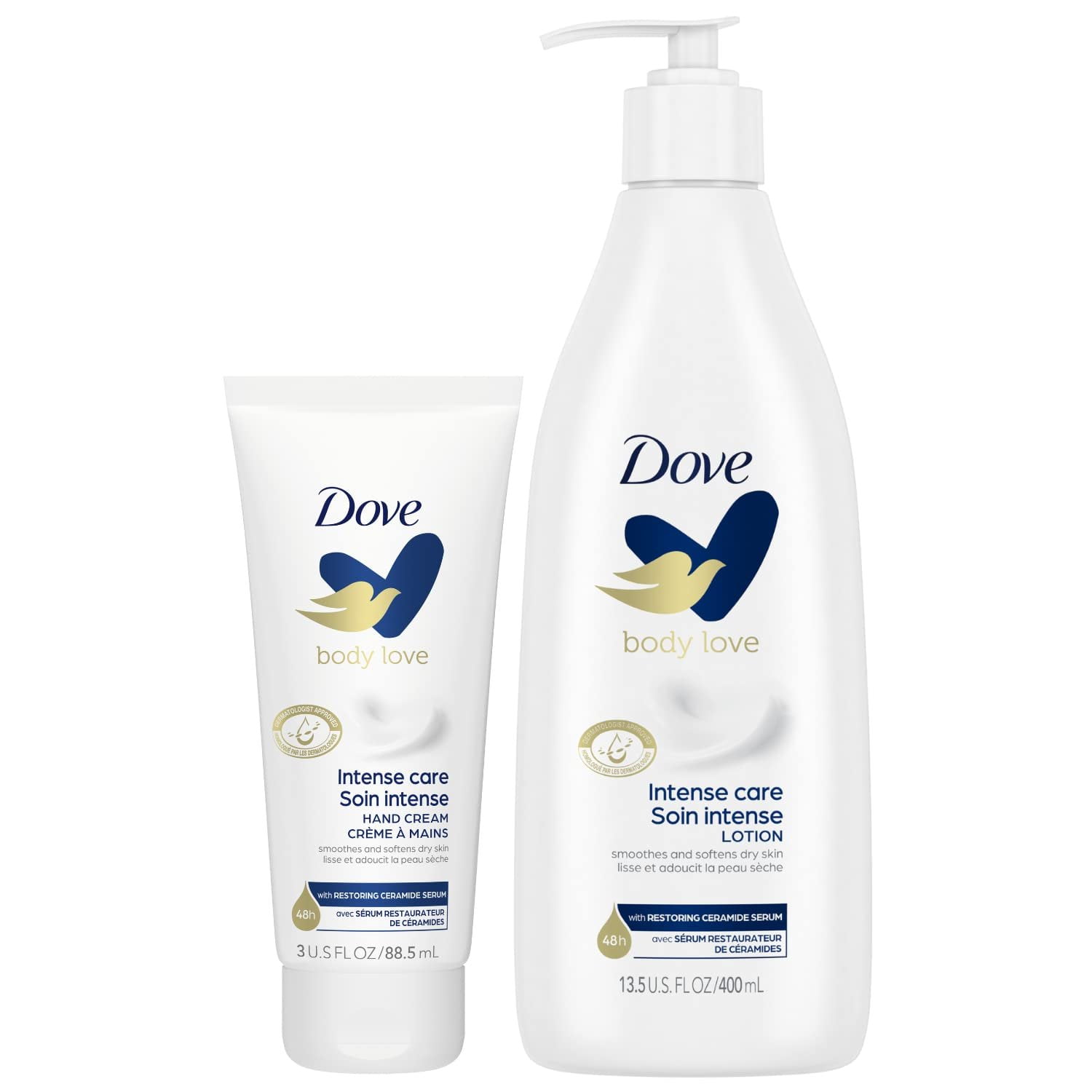 Dove Intense Care 2pc Bundle, Body Lotion for Dry Skin 13.5 Oz + Hand
