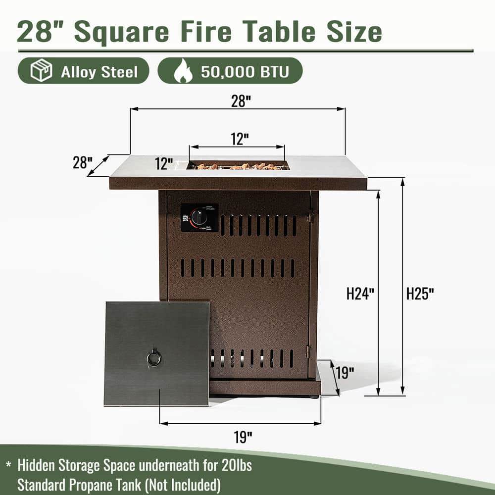 Spaco 28" Square Propane Gas Fire Pit Table, 50000 BTU Steel Fire Pit, Fire Pit Table for Outdoor as Patio, Deck, Backyard, Brown