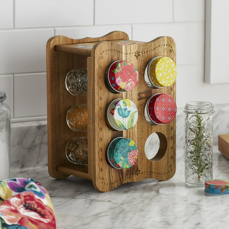 The Pioneer Woman Sweet Rose Acacia Wood Spice Rack with Glass Decorative  Jars 
