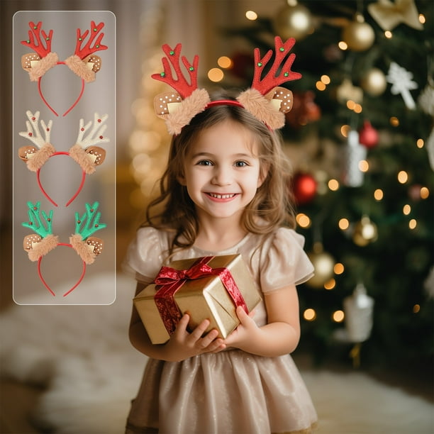 Cinta de cuerno de reno de Navidad | Pelusa festiva roja dorada verde | Ajuste elástico suave y cómodo | Accesorio ligero para fiestas navideñas | 9,84x8,27 en condecoraciones