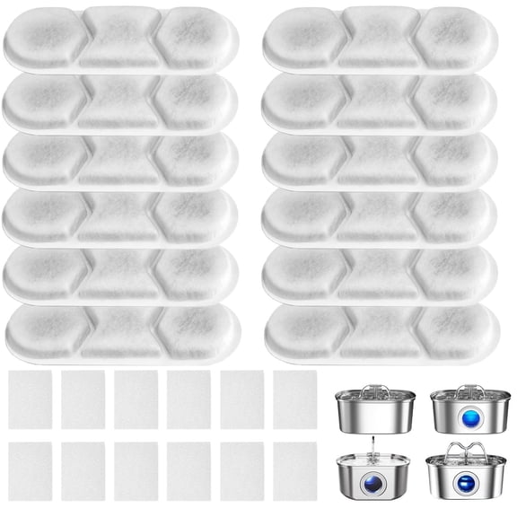 Fits Zuqqony DYSJ01 Pet Water Fountain Filter, 12 Pack Replacement Cartridges & 12 Pads for 3.2 Gallon Dog Water Dispenser