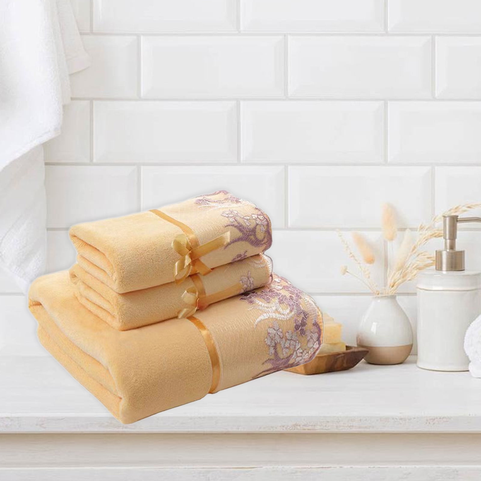 3-Piece Embroidered Bath Towel Set - Soft Absorbent Cotton Gift Towels with Lace Trim for Spa/Bathroom (Yellow)​