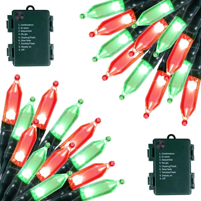 luces navideñas brightown que funcionan con pilas, 2 x 5,5 m, 50 led Paquete de 2 hilos de 18 pies con 2 x 50 mini LEDs en cable verde oscuro, bombillas rojas y verdes, caja de batería IP44 con botón de 8 modos manuales; cable flexible fácil de envolver, también adecuado para decorar barandales o macetas.