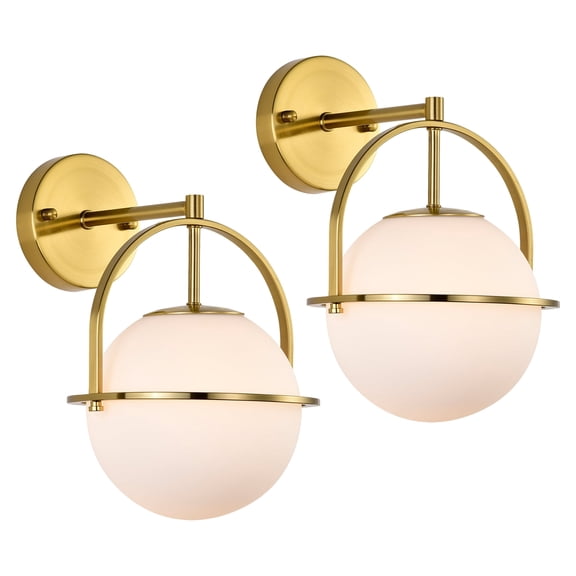 Modern Gold Wall Sconce 2 Pack with Frosted Glass Globe, Indoor Wall Light Fixtures, E26 Base, Bathroom Bedroom Hallway Wall Lighting
