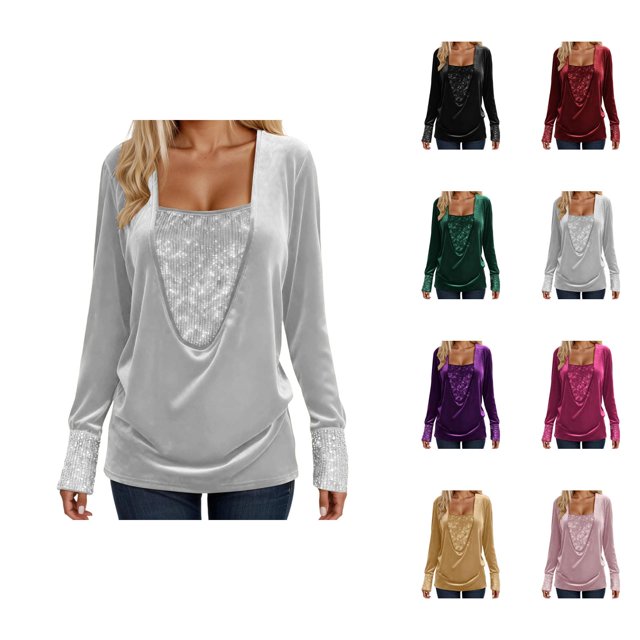 Womens Sparkle Top 2026 Spring Fashion Y2K Long Sleeve V Neck Loose Velvet Sequin Patchwork T Shirts Rave Outfits