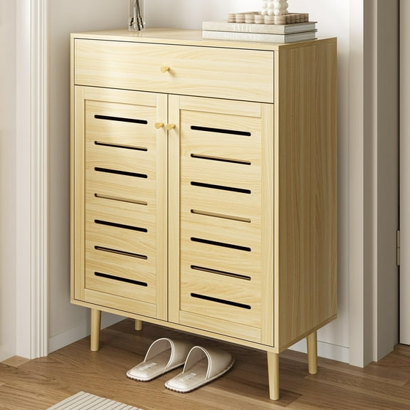 Entryway 2-Door Shoe Cabinet with Drawer, Extra Deep Storage & Adjustable Shelf – Japandi-Style Light Oak Wooden Shoe Storage for 12–16 Pairs, Modern Organizer, 32-Inch