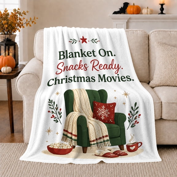 Christmas Movie Chair with Snacks, Cheerful Holiday Style for Movie Lovers, Cozy Theater Night Quote and Christmas Gift, Cozy Flannel Blanket for Family Room and Bedroom, Home Decor