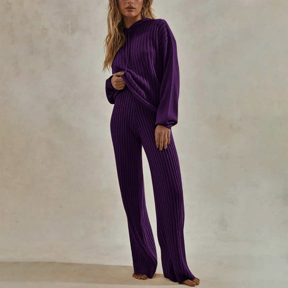 Women's 2 Piece Outfit Plaid Knit Lounge Sets Long Sleeve Crewneck Pullover Drawstring Hight Waist Pant Pajamas Suit (XL, Purple)