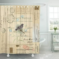 Libin Blue Cream Vintage Bird Flowers French Neutral Text Black Shower Curtain 66x72 inch