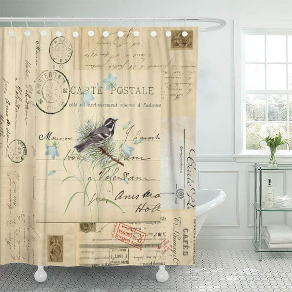 Libin Blue Cream Vintage Bird Flowers French Neutral Text Black Shower Curtain 66x72 inch