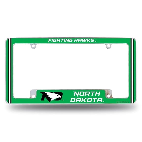 North Dakota NCAA Fighting Hawks Chrome Metal License Plate Frame with Full Frame Team Color Graphics