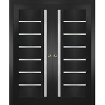 Sliding French Double Pocket Doors inches | Quadro 4088 Matte Black with Frosted Glass | Kit Trims Rail Hardware | Solid Wood Interior Bedroom Sturdy Doors