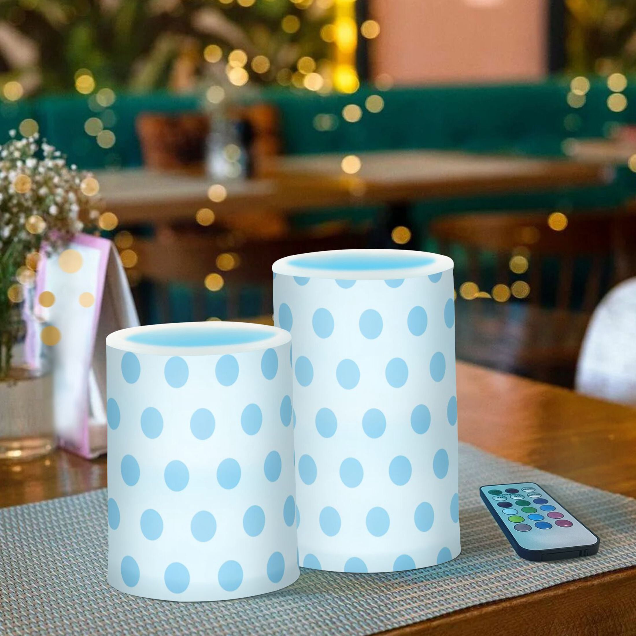 Light Blue Polka Dot Flickering Flameless LED Candles set of 2 Battery Operated 18-Key Remotes Timer Halloween Fall Decor D3''xH4''5''
