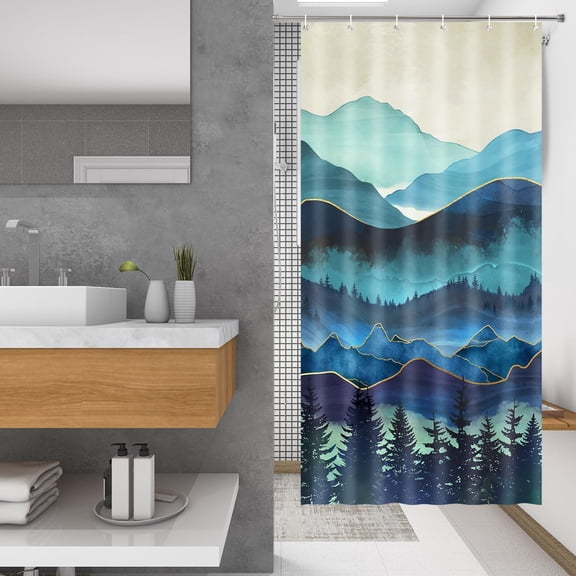 Small Stall Teal Forest Shower Curtain 36" W x 72" H, Sage Green Natural Mountains Narrow Dorm Half Size Shower Curtains RV Stand Up for Bath Decor, Waterproof Fabric Curtain with 6 Hooks