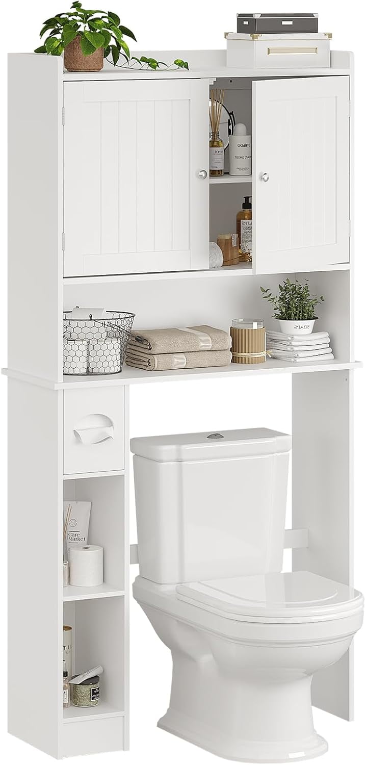 Twister.CK Over The Toilet Storage Cabinet with Toilet Paper Holder Double Door Bathroom Organizer Shelf with Adjustable Shelves, White