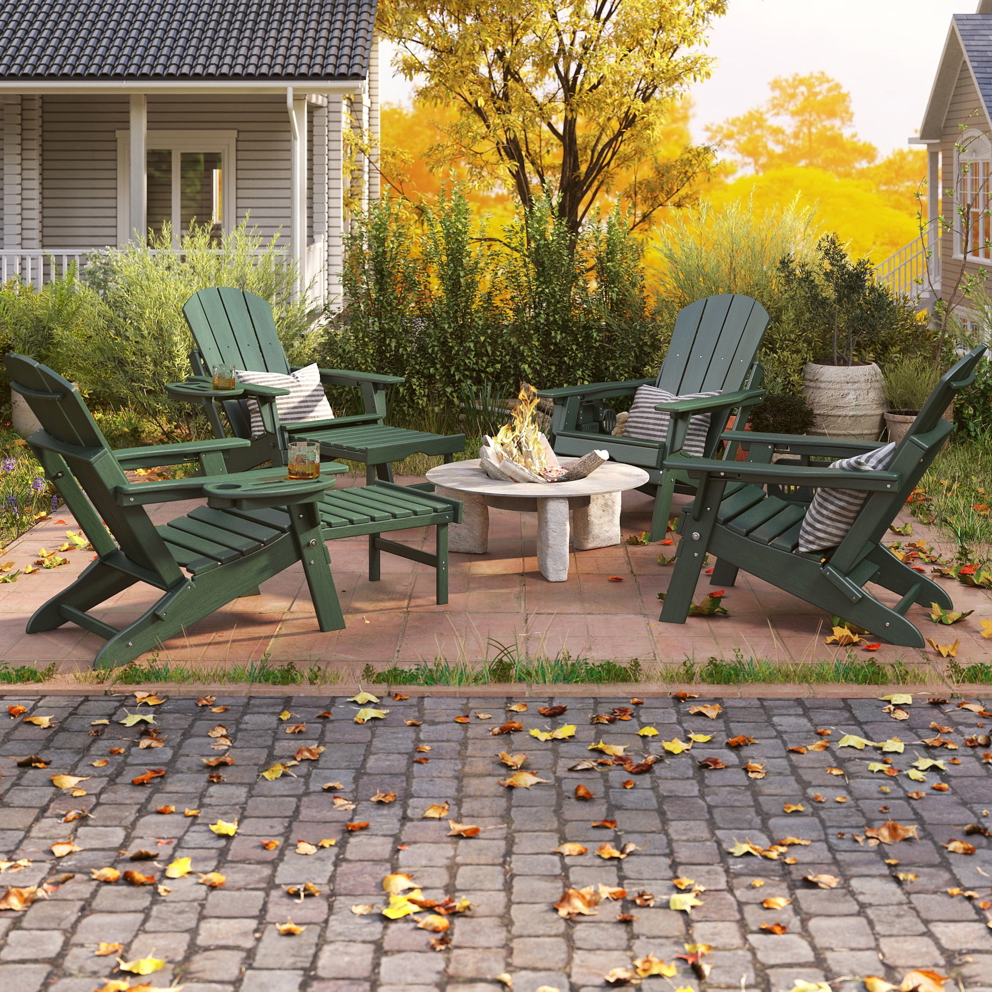 2PCS Folding Adirondack Chair with Ottoman, Adjustable Backrest Plastic HDPE Adirondack Chairs w/4 in 1 Cup Holder Tray, Dark Green