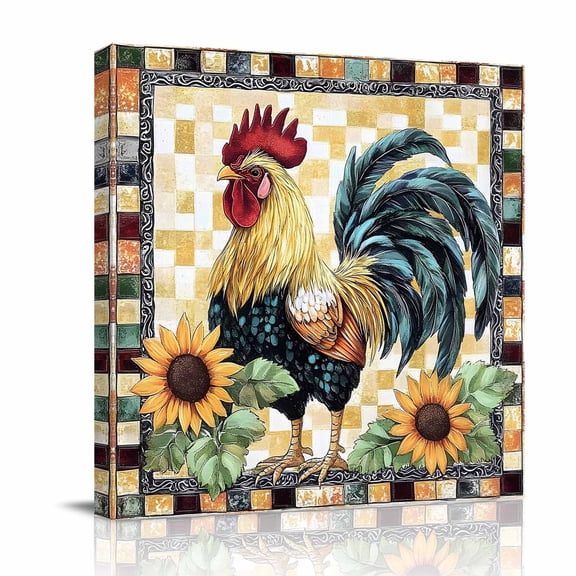 Sunflower Rooster Canvas Wall Art for Living Room, Farmhouse Animal Country Rustic Floral Plaid Poster Print Painting for Bedroom Office Home Decoration Wall Pictures Prepare To Hang 8"x8"